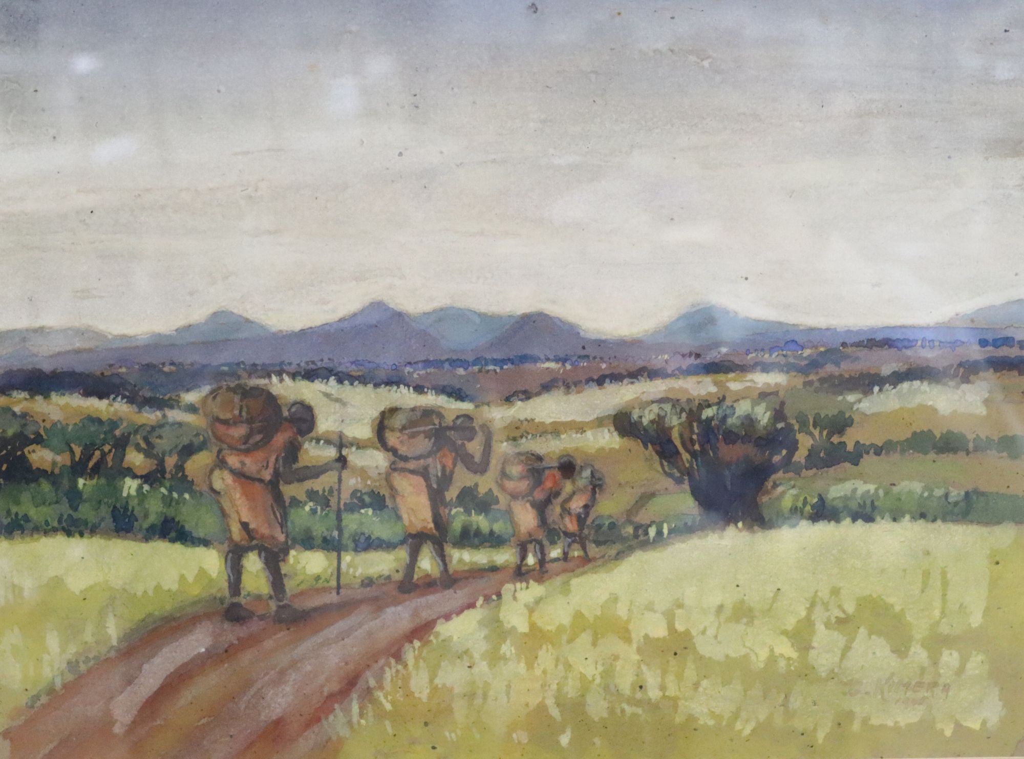 T.G. Kimera, watercolour, African landscape with grain carriers, signed, 26 x 35cm